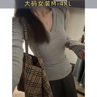 T恤女德绒大码 正肩V领长袖 减龄百搭保暖加绒上衣服D 美式 秋冬新款