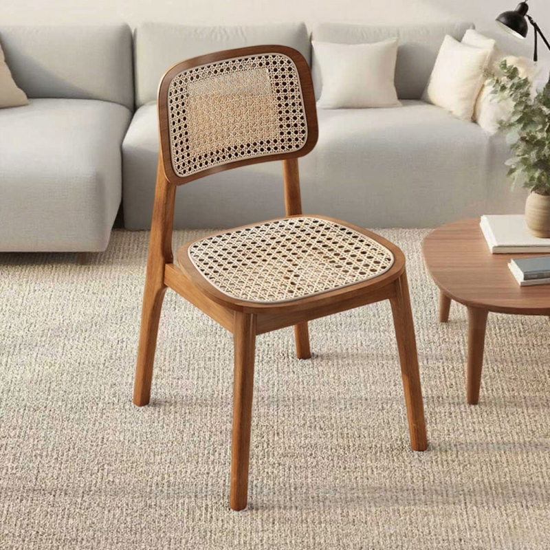 实木餐椅家用法式中古风卡曼椅侘寂风休闲靠背椅子软包藤编餐桌椅