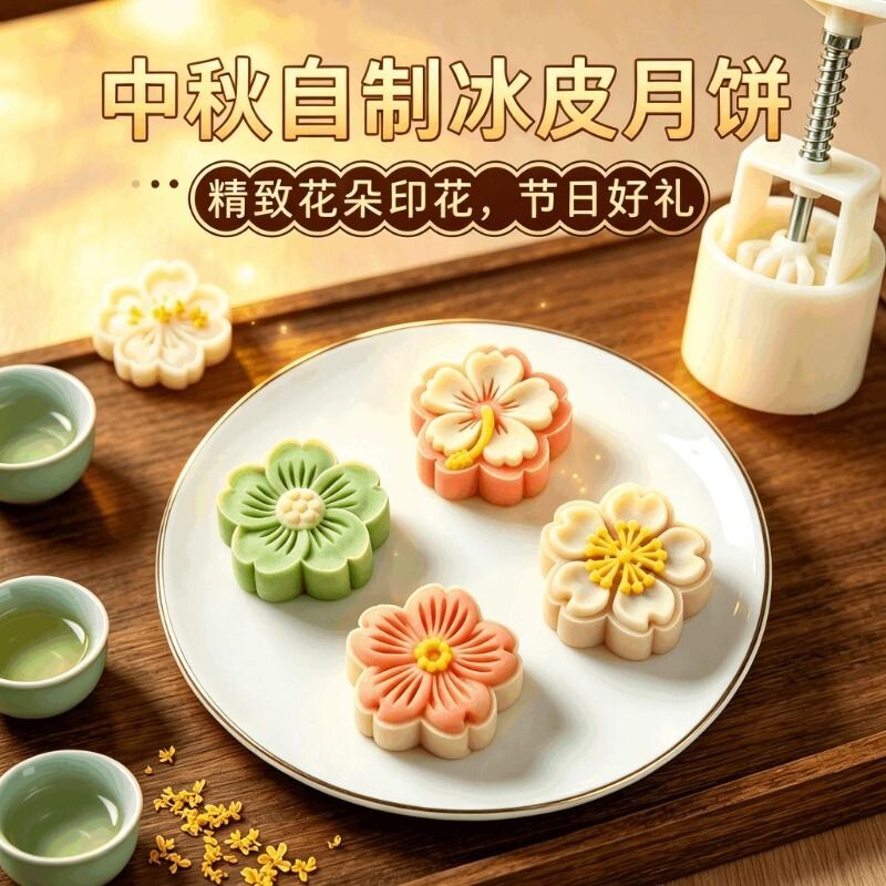月饼模具新款绿豆糕点心辅食山药糕烘焙手压式家用冰皮磨具花朵