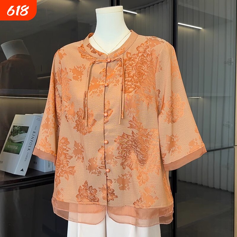 中国风妈妈装中袖衬衫女2026夏装新款上衣服气质中老年人雪纺衬衣