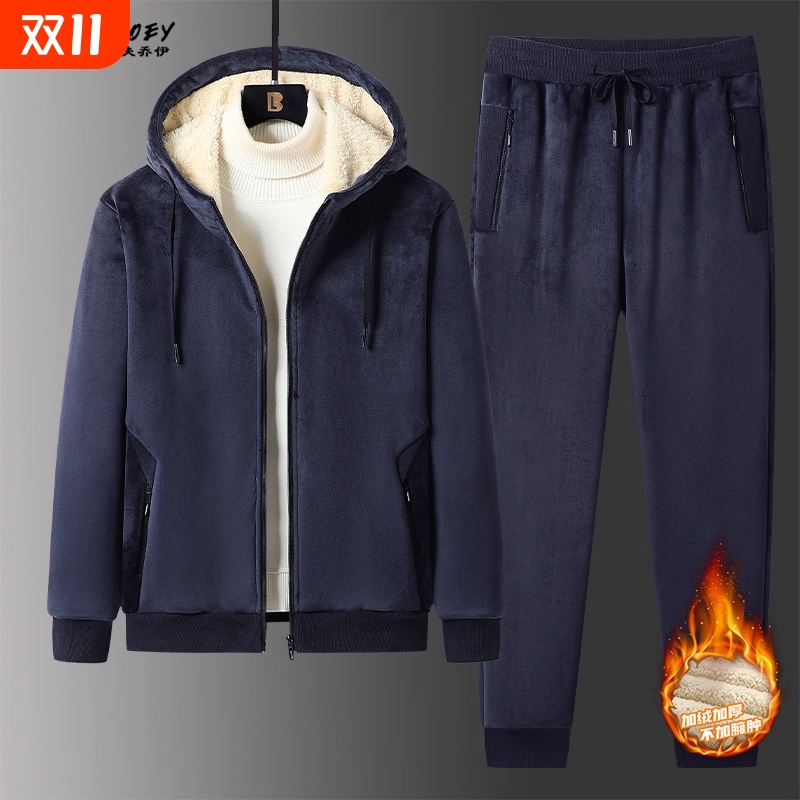 金丝绒休闲装运动套装男士2025新款秋冬季加绒加厚保暖两件套跑步