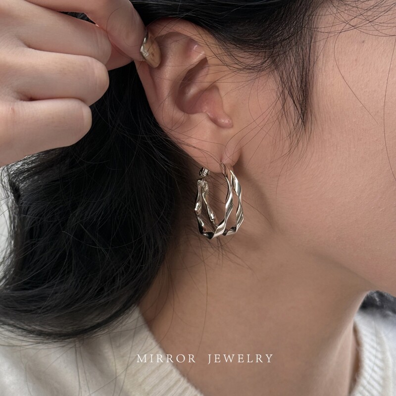 小麋人925纯银双层波浪素圈耳圈女耳环耳饰小众设计银针爆款925