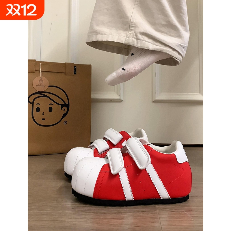 魔术贴丑萌贝壳头德训面包鞋女2025新款百搭内增高休闲运动小板鞋