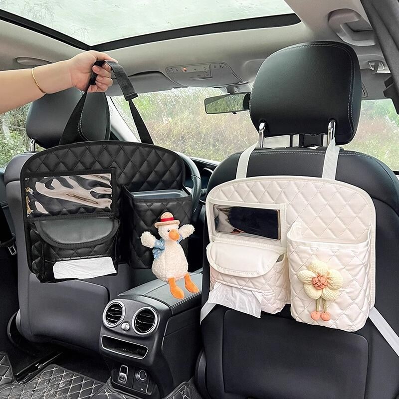 汽车座椅后背收纳挂袋可爱鸭车载置物防踢车内多功能纸巾盒垃圾桶