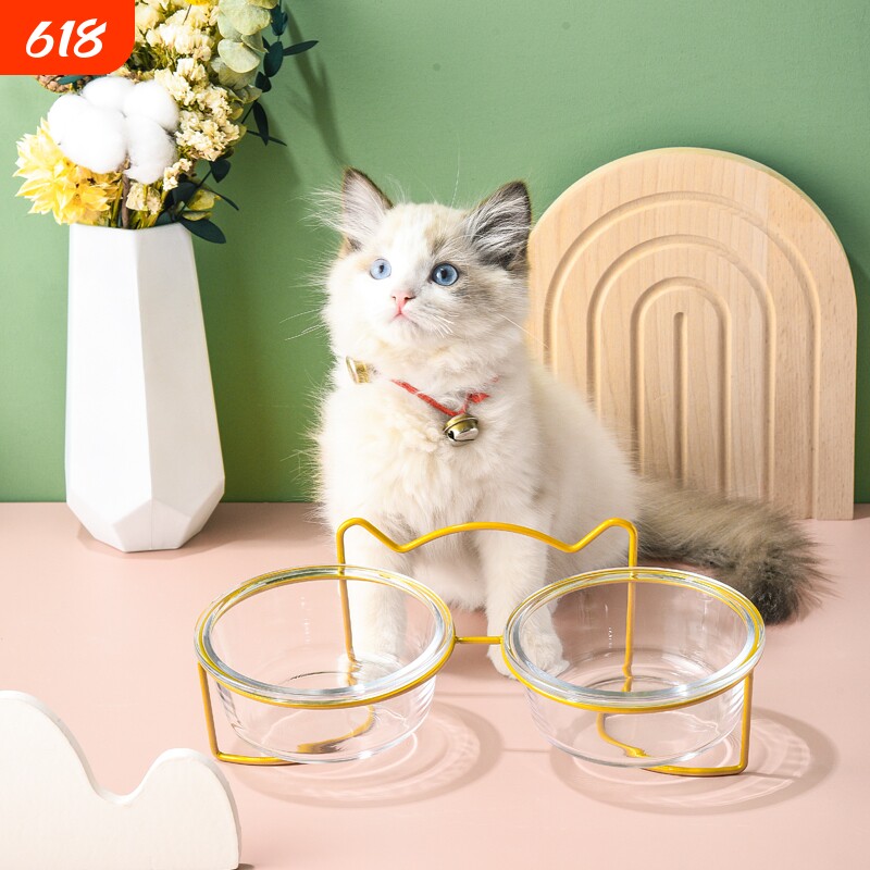 玻璃猫碗保护防打翻双碗狗猫咪食盆宠物喝水一体护颈粮碗高脚支架