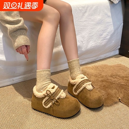 复古勃肯鞋女款2025年冬季加绒保暖棉鞋厚底毛绒鞋子内增高毛毛鞋