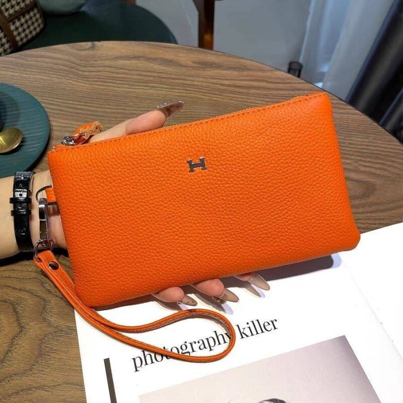 女仕头层牛皮钱包H字母浮雕女士新款拉链长款钱夹休闲荔枝纹女包