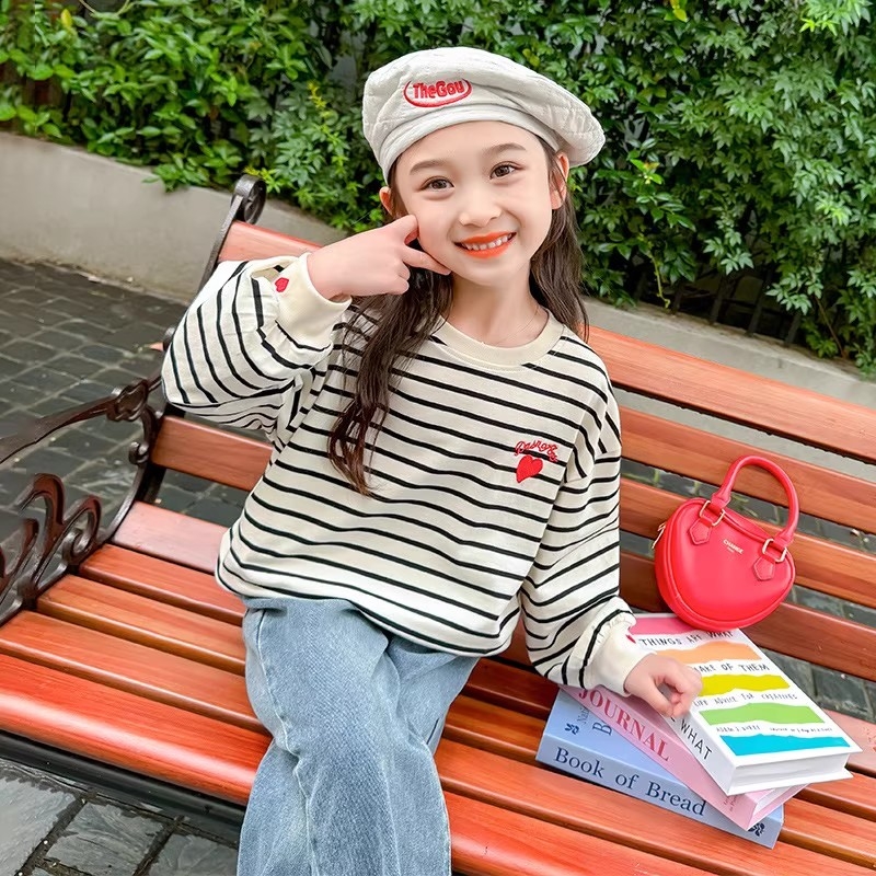 女童长袖春秋打底衫儿童洋气条纹t恤大童装韩版上衣2025落肩新款