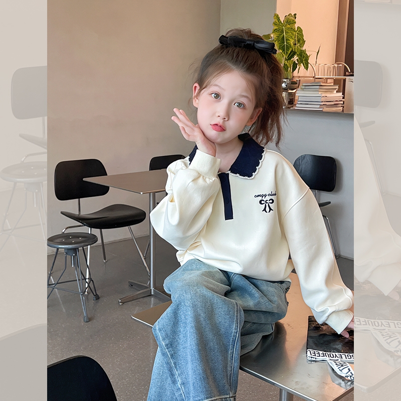 女童polo领卫衣2025秋季新款中大童时髦长袖女孩上衣学院风针织
