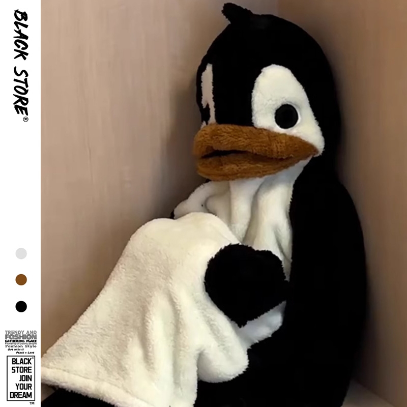 冬季小企鹅珊瑚绒睡衣女可爱新款连帽长款睡袍加厚加绒家居服套装