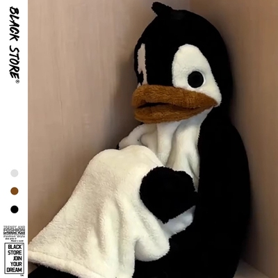 冬季小企鹅珊瑚绒睡衣女可爱新款连帽长款睡袍加厚加绒家居服套装