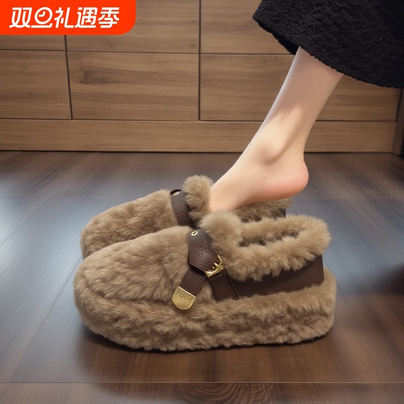 【羊羔绒】毛毛鞋女2025冬新款高级感网红雪地靴加绒厚底豆豆棉鞋