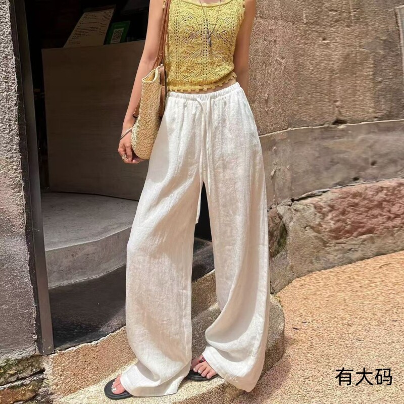 老钱风慵懒白色裤子女夏季薄宽松休闲棉麻苎亚麻感冰丝大码阔腿裤