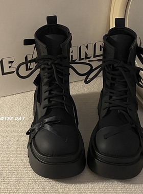 YesDay小众百搭圆头厚底马丁靴女2025秋季新款蝴蝶结短靴英伦黑色