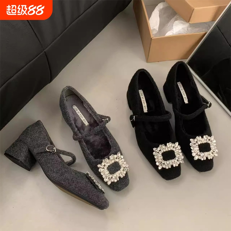 粗跟气质玛丽珍鞋法式晚晚方头水钻呢子毛毛鞋女秋冬外穿高跟单鞋