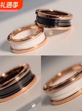 陶瓷小众V金镀18K小蛮腰弹簧戒指女小红人黑白陶瓷男女情侣对戒