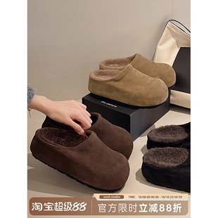 子防水 秋冬增高包头棉拖鞋 黑色防滑厚底加绒半拖勃肯鞋 女2025新款