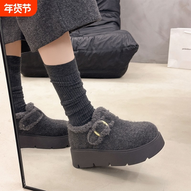 厚底加绒保暖灰色毛呢勃肯鞋女2025新款冬季雪地靴毛毛鞋乐福棉鞋,女鞋,时尚雪地靴,淘宝优惠券,粉丝福利购,淘宝优惠卷