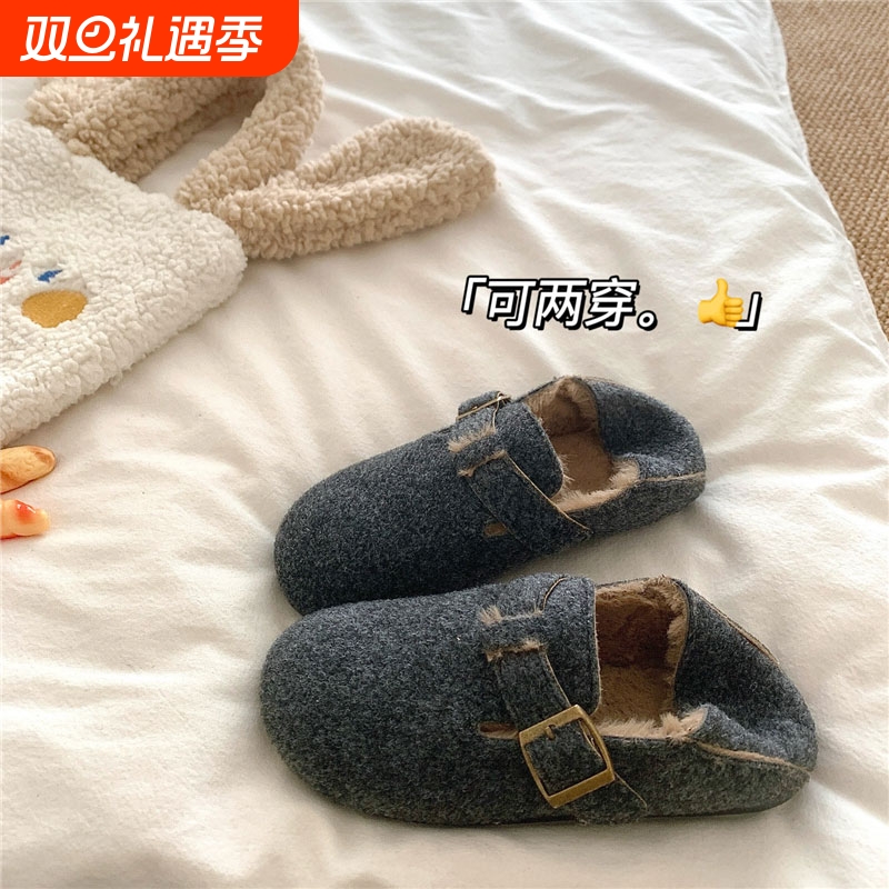 两穿~！懒人加绒勃肯鞋女冬季ins厚底毛毛包跟棉鞋内增高毛绒黑色