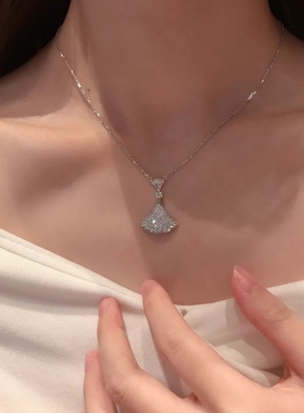 外贸饰品玫瑰金扇子锁骨链女纯银扇形白贝母莫桑钻满钻小裙子项链