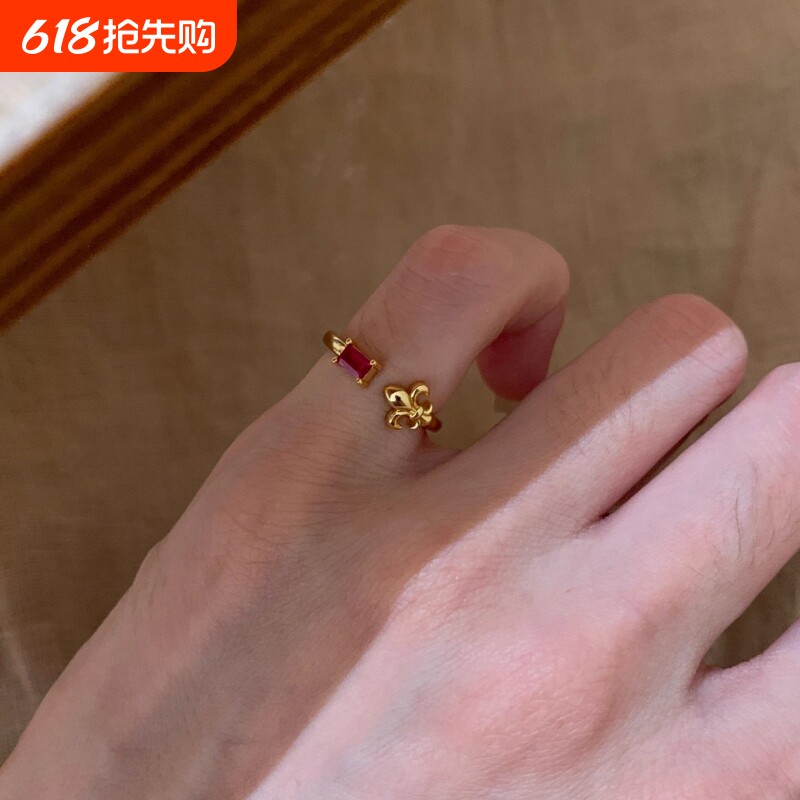新中式鸢尾花点钻镶嵌戒指气质时尚精致轻奢尾戒手饰品开口可调节