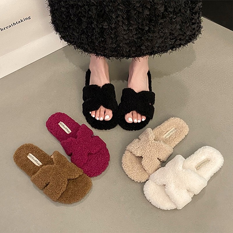 2025秋冬季新款日常外穿泰迪毛拖鞋女平底羊羔毛皮一体毛毛一字拖