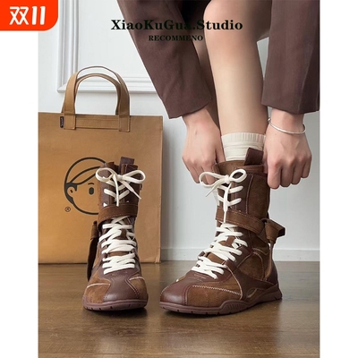 复古马丁靴女款2025新款秋季百搭英伦风软底拳击靴磨砂皮系带短靴