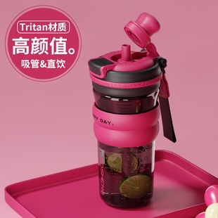 ins风大容量杯子奕带吸管 吸管杯材质女生高颜值夏天水杯2025新款