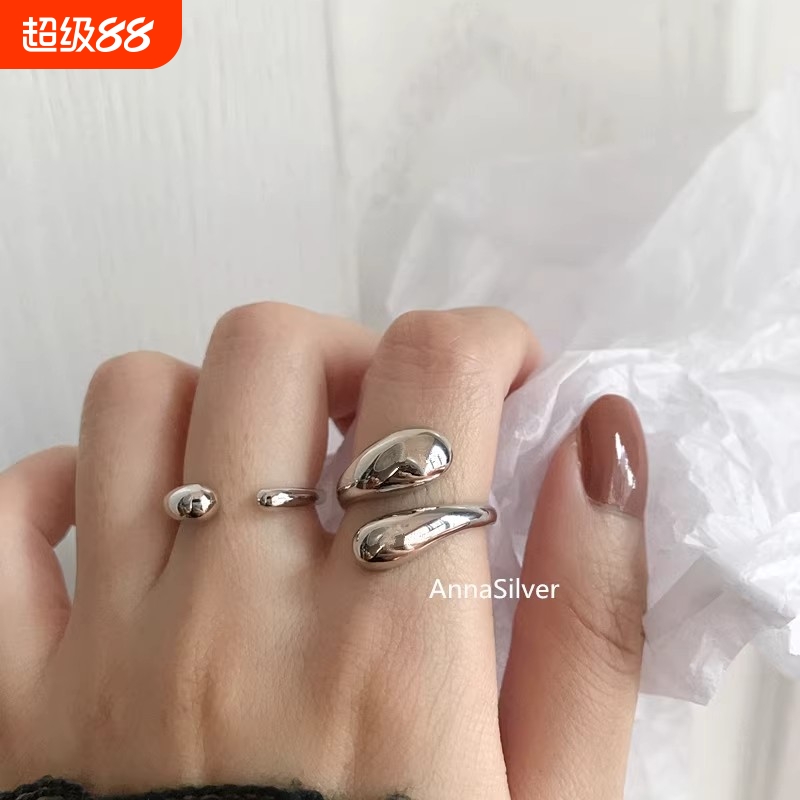 简约线条交叉戒指时尚水滴光面开口戒指交叉双水滴指环金银两色