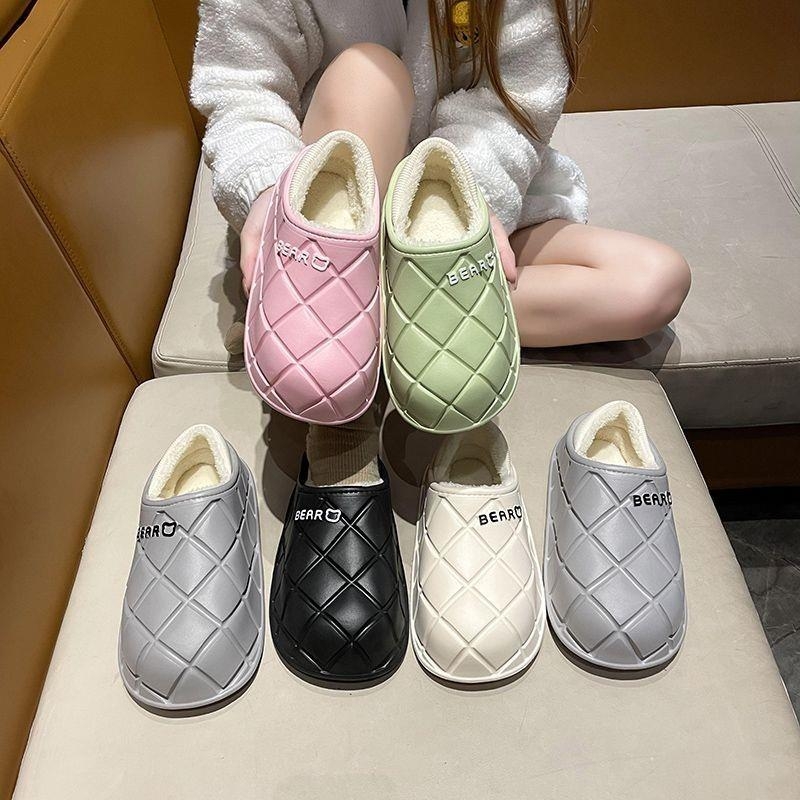 秋冬季小熊棉拖新款居家防水棉拖鞋男外穿防滑情侣包跟加绒棉拖鞋