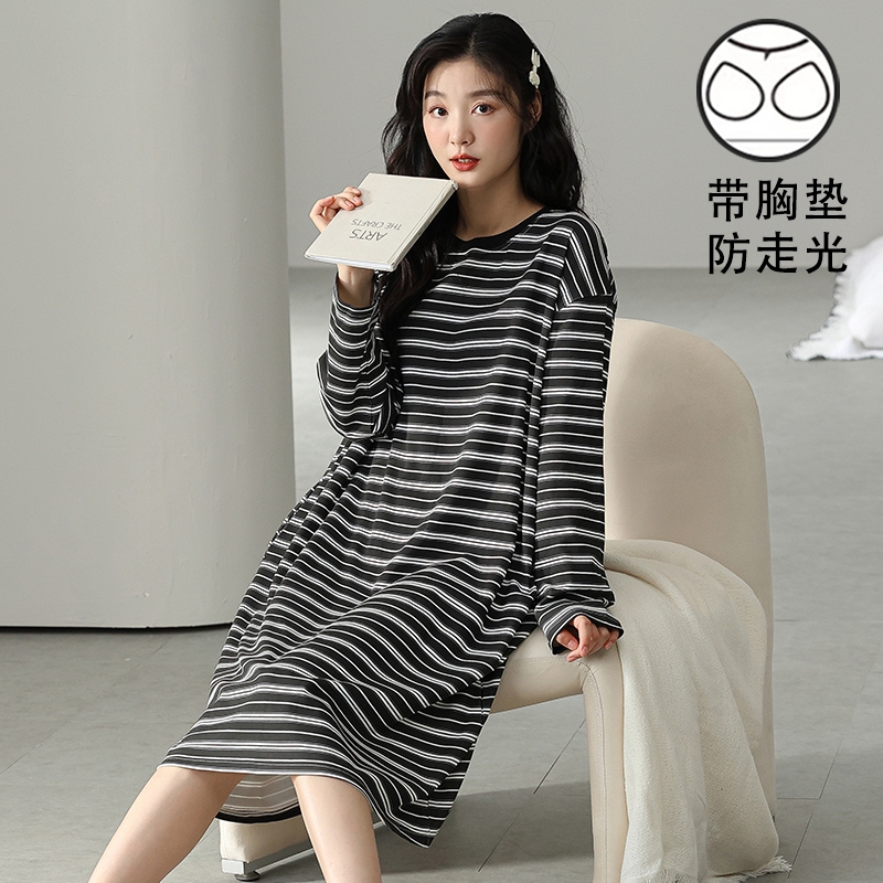 长袖睡裙女睡衣春秋季可外穿薄款纯棉带胸垫防凸点韩式少女家居服