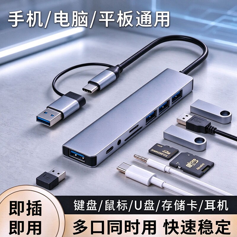 拓展坞usb接口扩展器插头多口一分二集分线器typec双头供电hub扩展坞延长线适用电脑笔记本转接头u盘转换器