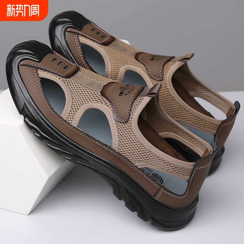 包头男凉鞋夏季新款网布镂空软底爸爸鞋透气户外休闲鞋休闲沙滩鞋