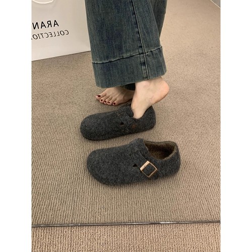 毛毡加绒勃肯鞋女2025秋冬新款一脚蹬保暖棉鞋毛呢乐福鞋平底防滑