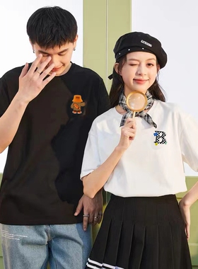 T恤宽松时尚印花短袖t恤男女情侣夏季休闲上衣黑色纯白白色0423