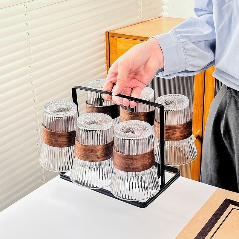 中式竖条纹玻璃杯防烫隔热家用客厅待客茶杯套装咖啡果汁喝水杯子