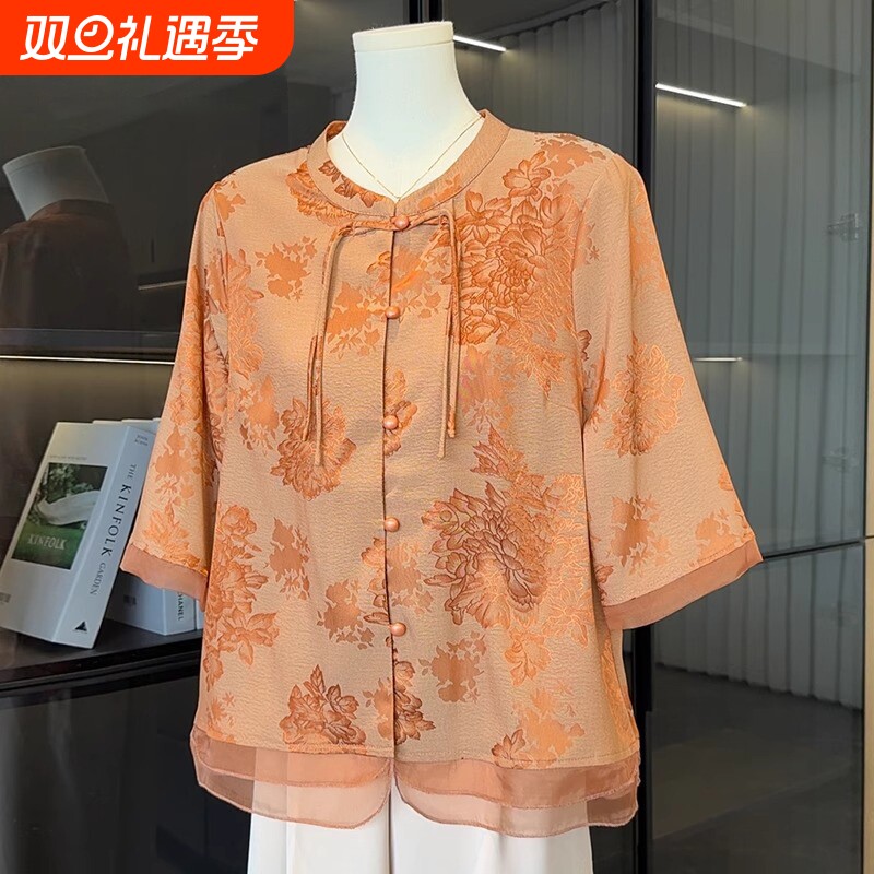 中老年人妈妈装雪纺衬衫女2025夏装新款上衣服气质中国风中袖衬衣