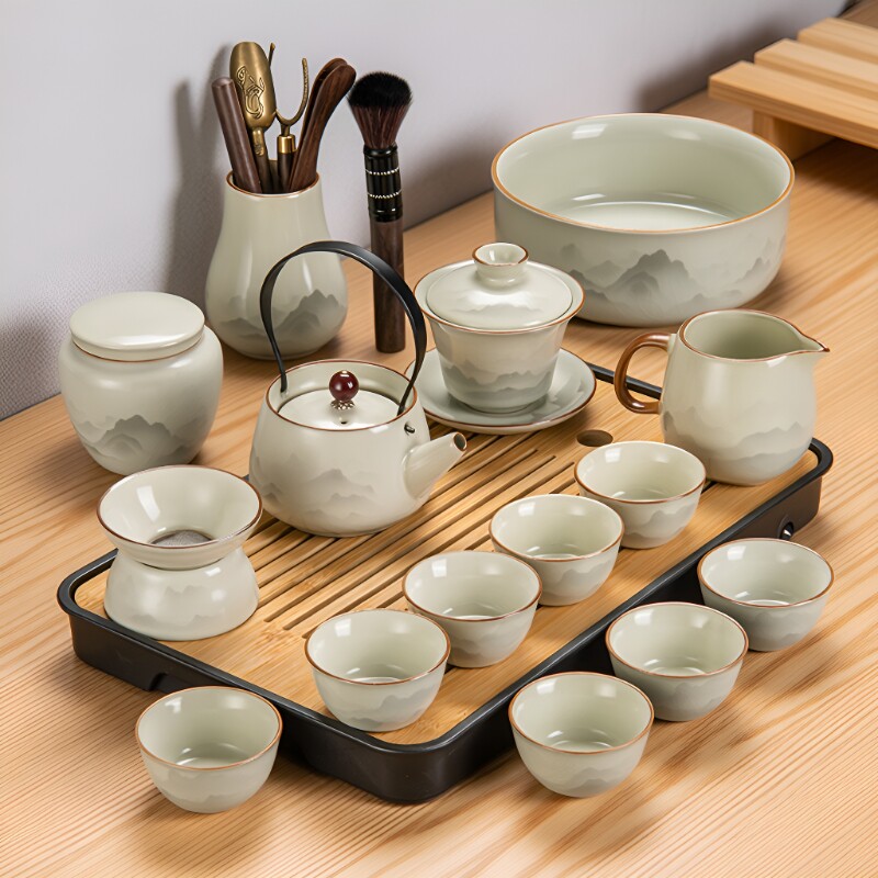 2025汝窑功夫茶具套装陶瓷茶壶盖碗茶杯茶盘轻奢高档家用泡茶喝茶