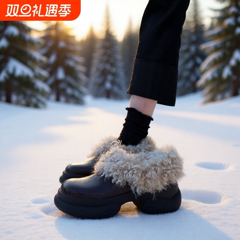 羊皮版~毛毛鞋女厚底一脚蹬加绒保暖雪地靴高跟粗跟方头冬季棕色