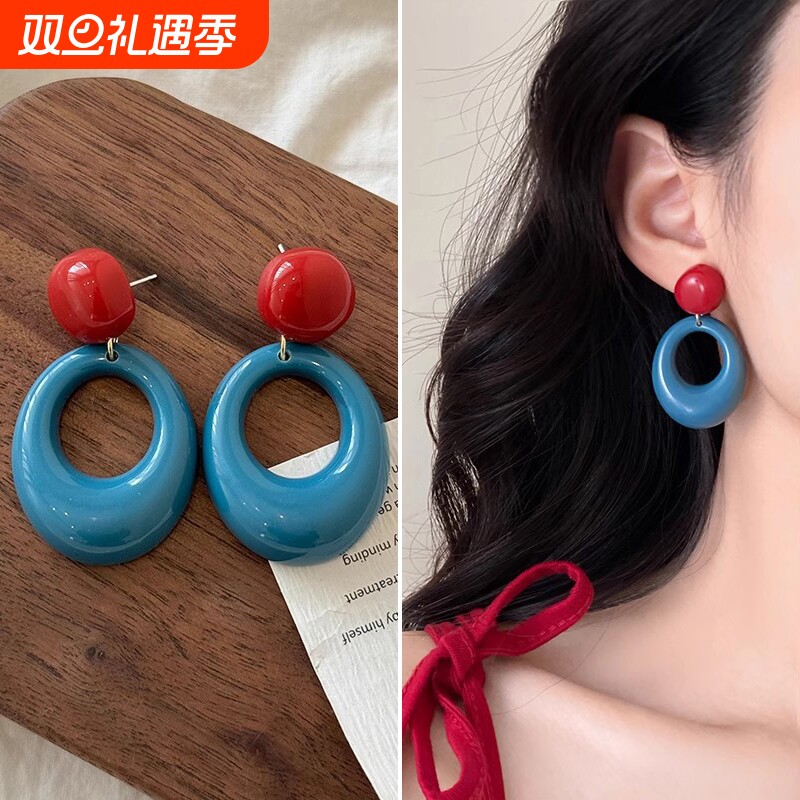 多巴胺港风度假风耳环女海边蓝色耳钉小众复古夸张耳夹耳饰几何
