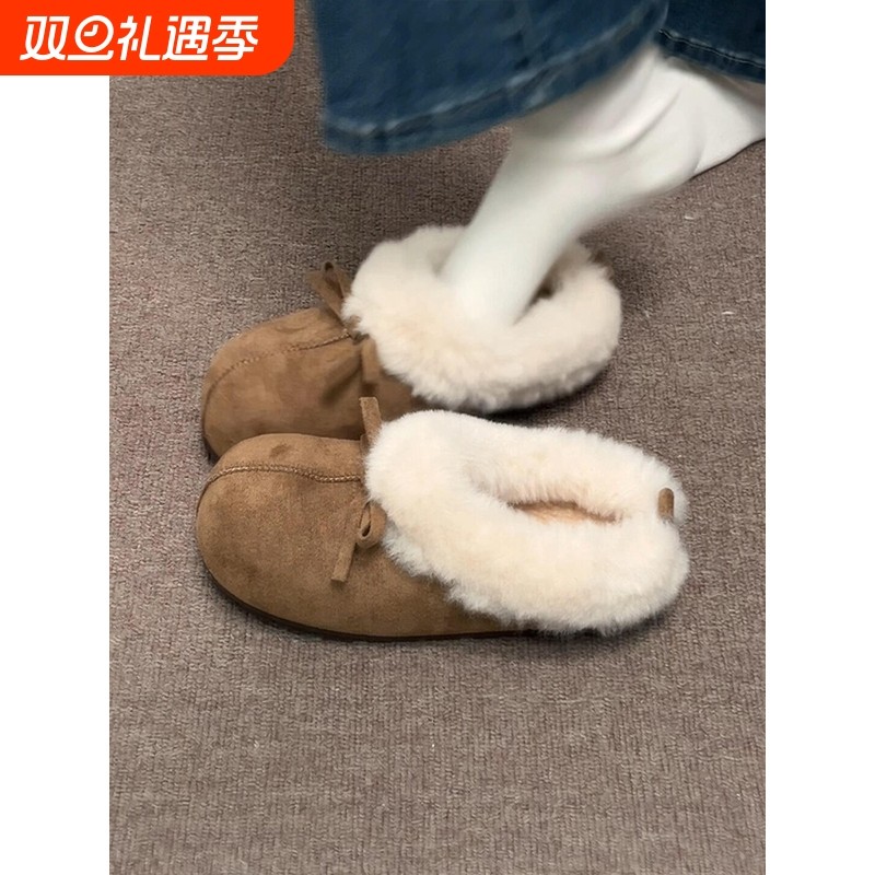 厚底蝴蝶结毛绒勃肯包头拖鞋女冬季懒人一脚蹬加绒保暖棉鞋毛毛鞋