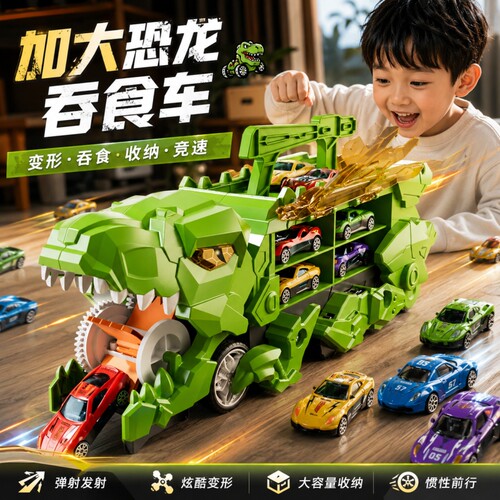 儿童霸王龙吞食玩具车变形弹射轨道车合金收纳小汽车男孩生日礼物