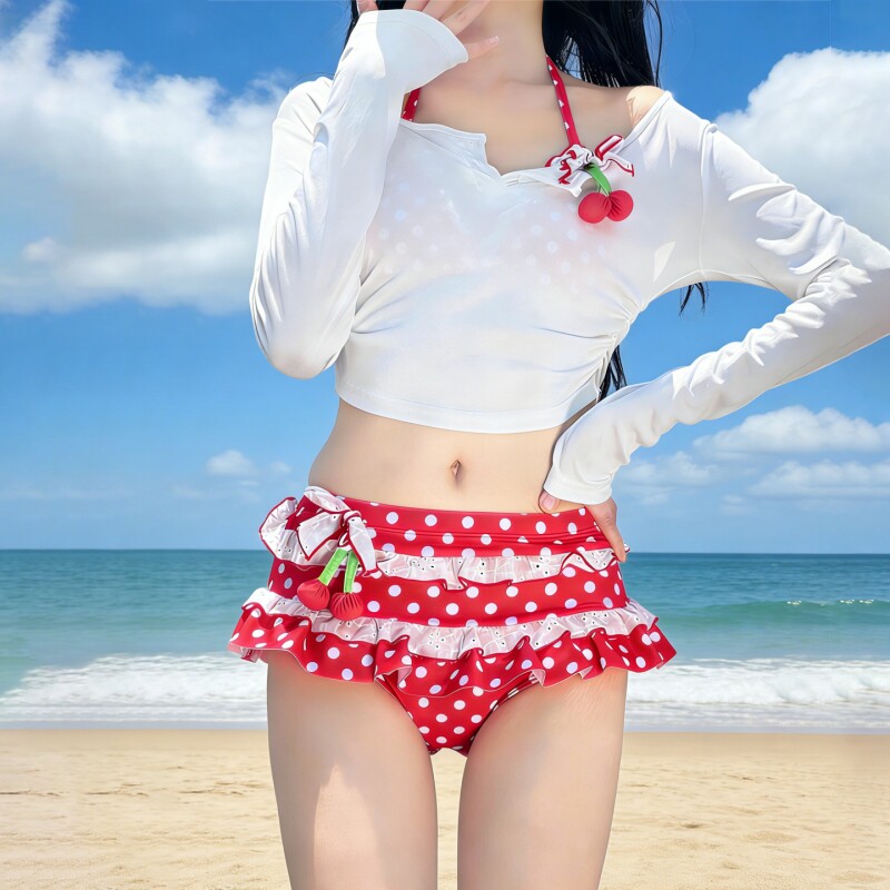 海边度假樱桃波点性感泳衣女纯欲风分体裙式少女感比基尼三件套