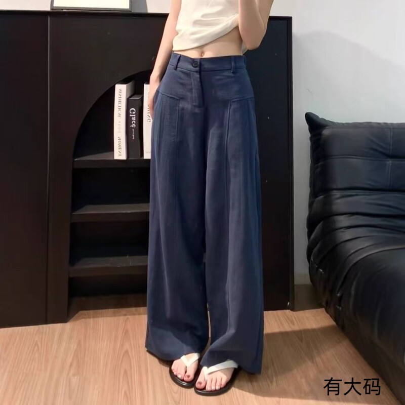 藏青色亚麻苎麻阔腿裤女夏季高腰老钱风西装直筒棉麻大码休闲裤子