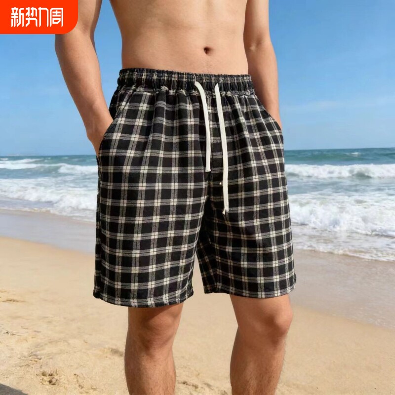 沙滩裤男夏季速干花短裤薄款宽松休闲格子居家睡裤可外穿大裤衩潮