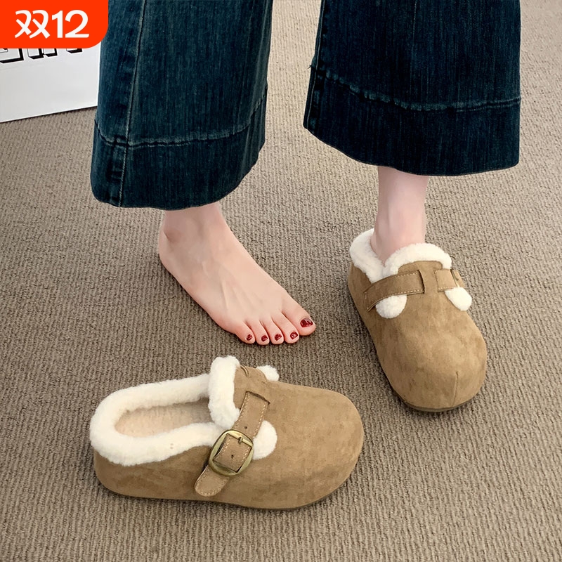 厚底加绒包头半拖鞋女外穿2025秋冬新款毛毛勃肯鞋懒人保暖棉拖鞋