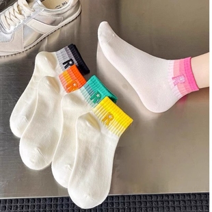 渐变色袜子女夏季 中筒短筒ins潮 薄款 运动短袜夏天条纹日系网红款
