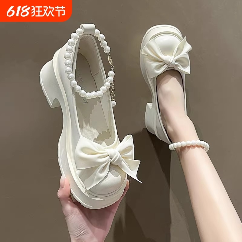 时尚甜美蝴蝶结女2025春新款厚底玛丽珍单鞋浅口配裙子粗跟小皮鞋