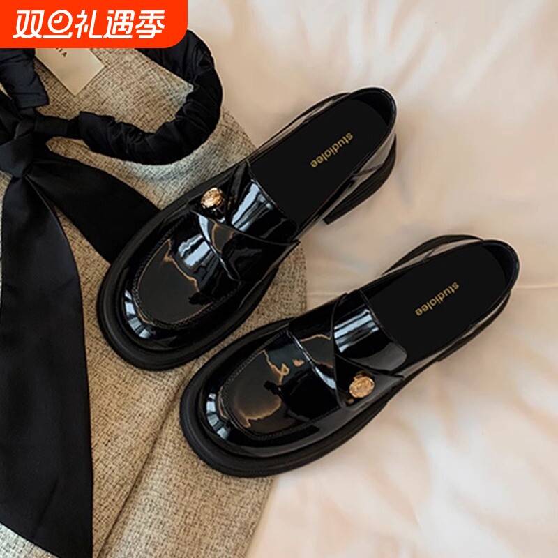 真皮版~小金币厚底乐福鞋女2024秋新款粗跟黑色英伦风小皮鞋单鞋