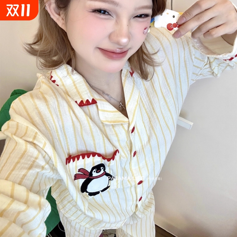 2025年新款奶黄条纹企鹅长袖睡衣女纯棉纱布卡通秋冬季家居服套装